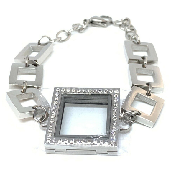New Silver Rhinestone square link Locket Bracelet - Picture 4 of 8
